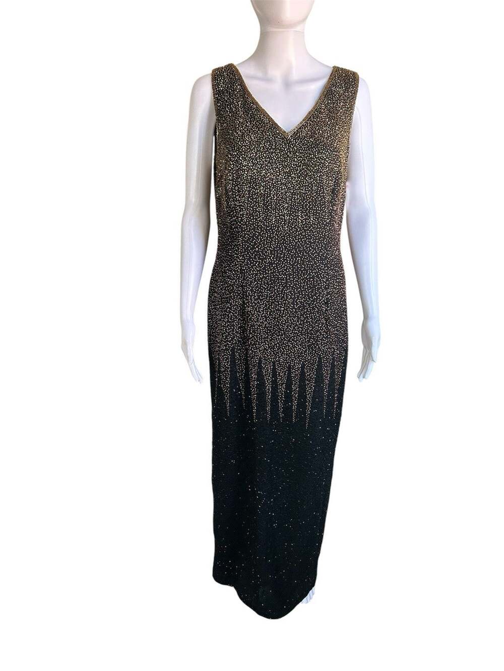 Vintage Jewel Queen 100% Silk Beaded Evening Gown Dress 10 Black Gold NWT